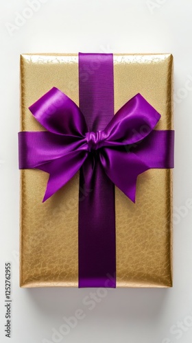 Golden gift box with purple ribbon against a festive background filled with b...