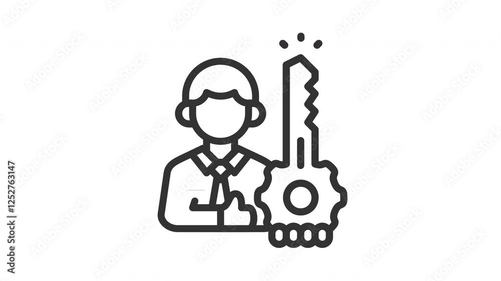 Animated key person with key and businessman sign. Suitable for finance, employee, management, teamwork, office, leadership, leader, company, corporate, manager, employment, development and business Animated key person with key and businessman sign. Suitable for finance, employee, management, teamwork, office, leadership, leader, company, corporate, manager, employment, development and business