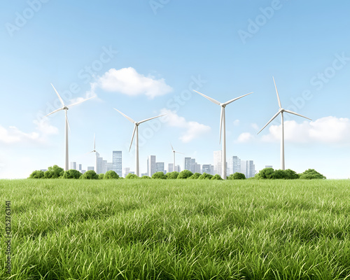 city powered by renewable energy with wind turbines and green grass