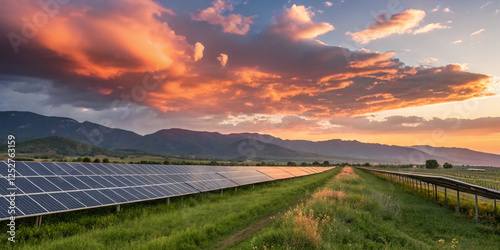 expansive, solar, panel, fields, fiery, sunset, clean, energy, solutions, sustainable, renewable, environment, power, futuristic, innovation, technology, efficiency, landscape, scenic, harmony, infras