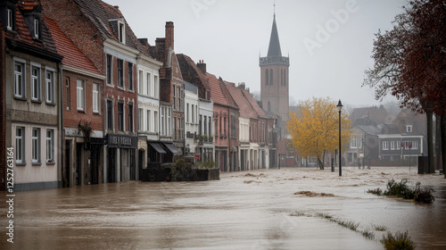 Flood on German city street and wind disaster. Disaster in old town with hurricane season. Fantasy ancient europe village in storm weather. Belgium architecture and inundation zone landscape scene.