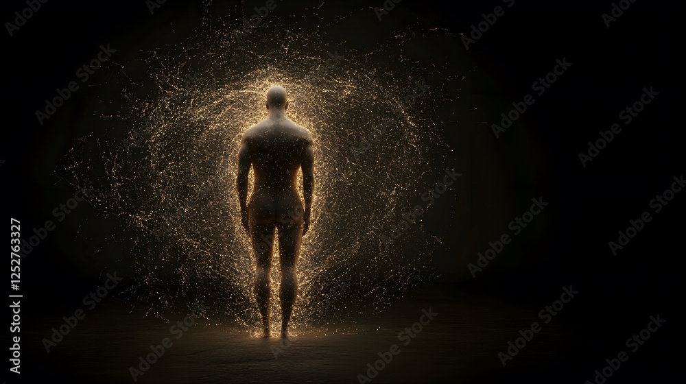 Obraz premium human silhouette surrounded by glowing particles in dark space
