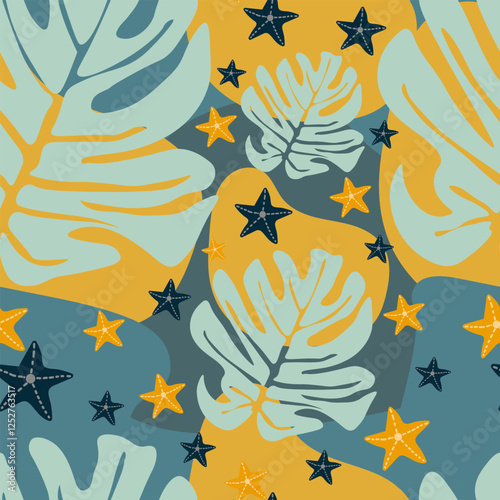 Tropical Summer Seamless Pattern with Monstera Leaves and Starfish on Yellow and Blue Background