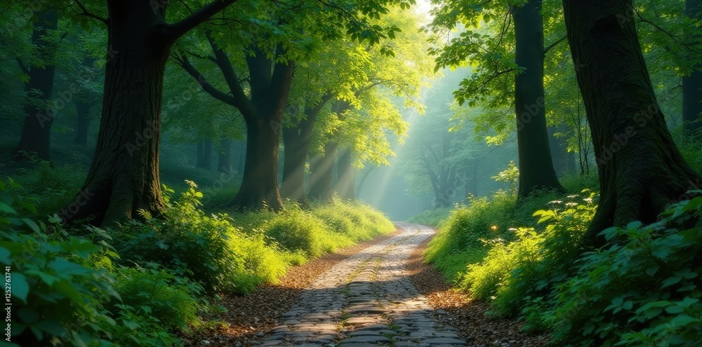 Fototapeta premium Ancient cobblestone path in forest under canopy of trees, , forest scene