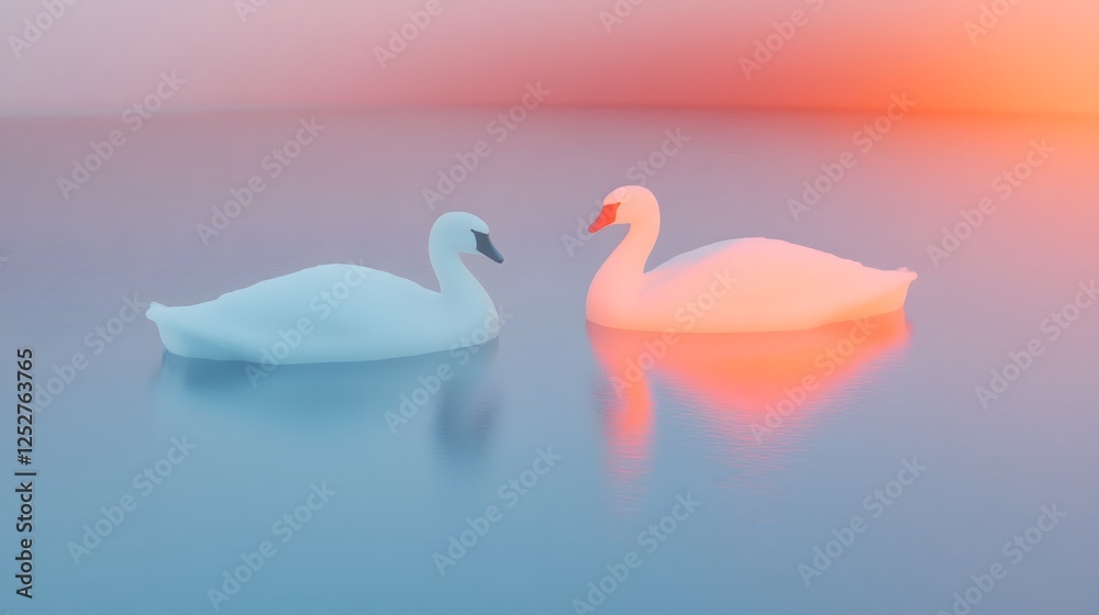 Fototapeta premium Elegant swans gliding effortlessly across a serene and tranquil lake reflecting the mesmerizing colors of an enchanting sunset scene