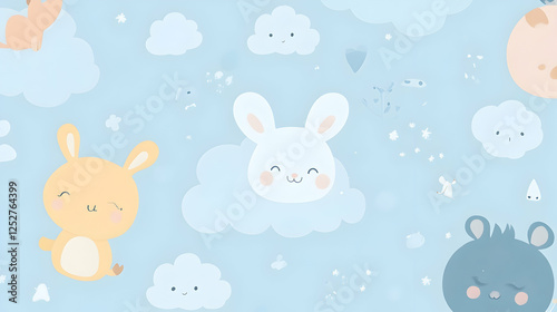A charming illustration of a fluffy white bunny nestled among soft clouds in a pastel blue sky.