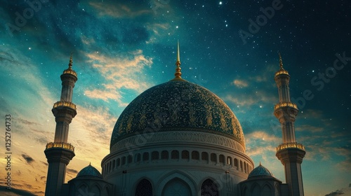 Majestic mosque dome under starry night sky photo