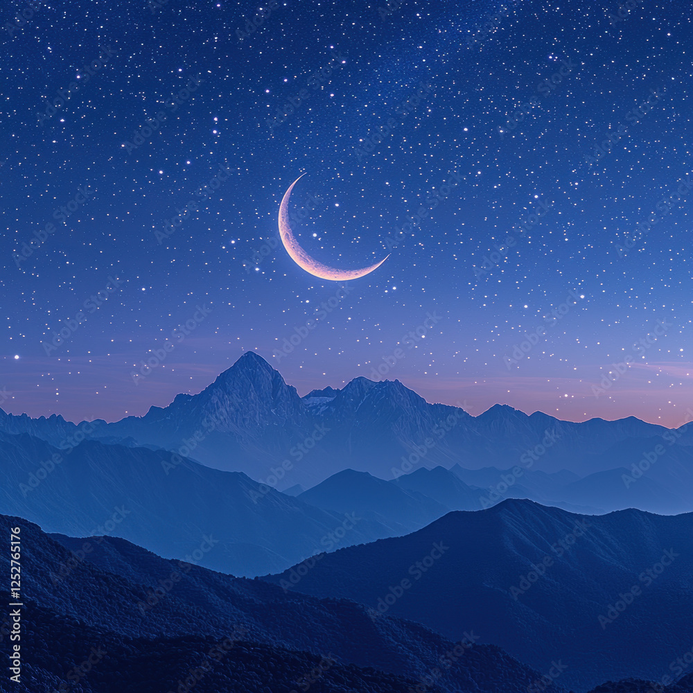 Obraz premium Crescent moon over misty mountain range at night