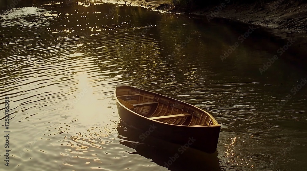 A wooden boat floats peacefully in the golden light of a calm river at sunset A wooden boat floats peacefully in the golden light of a calm river at sunset