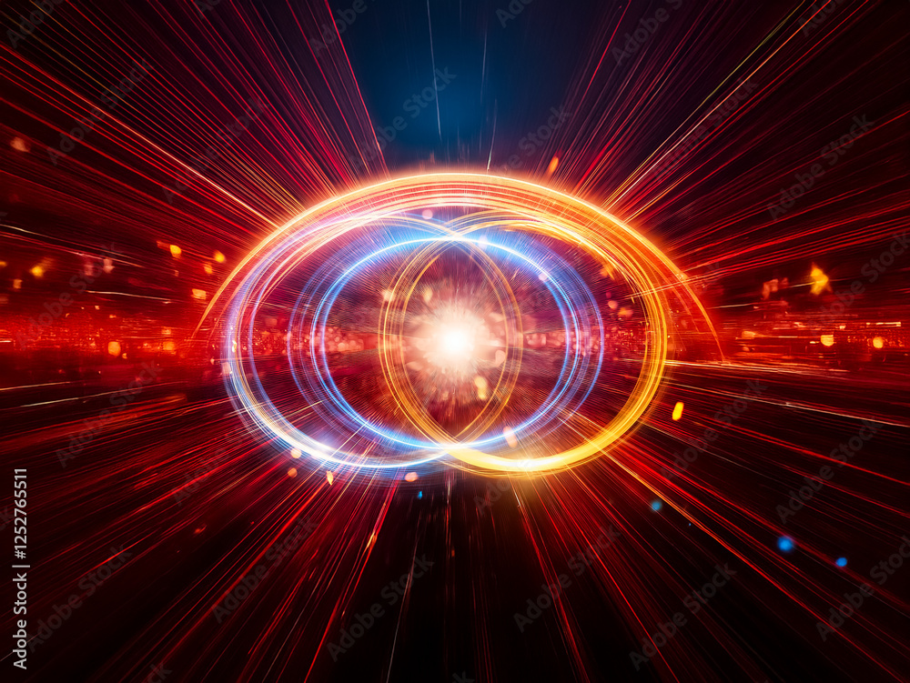 Obraz premium Intertwined luminous rings of blue and gold glow against a dark background, creating a sense of connection and energy. The vibrant light trails suggest movement and dynamism.