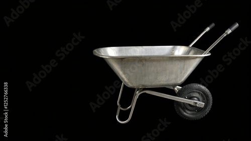 Isolated wheelbarrow on black background with shiny metallic finish, isolated, equipment, wheelbarrow