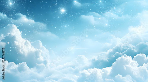 A light blue sky with soft white clouds and twinkling stars.
