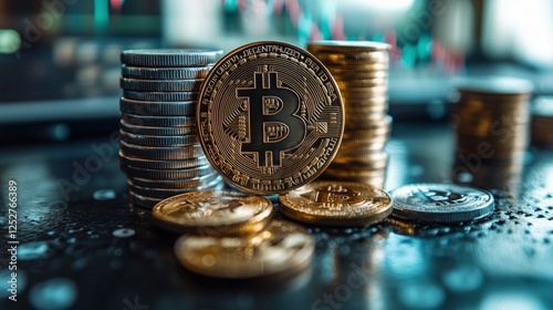 Bitcoin and silver coins stacked on a reflective surface with financial chart...