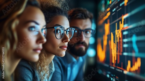 Professionals analyzing market data during a trading session in a modern office