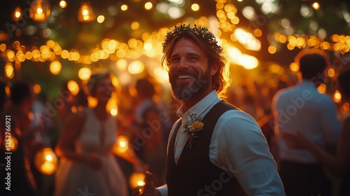 Joyful celebration during a summer wedding with glowing lanterns and a joyful...