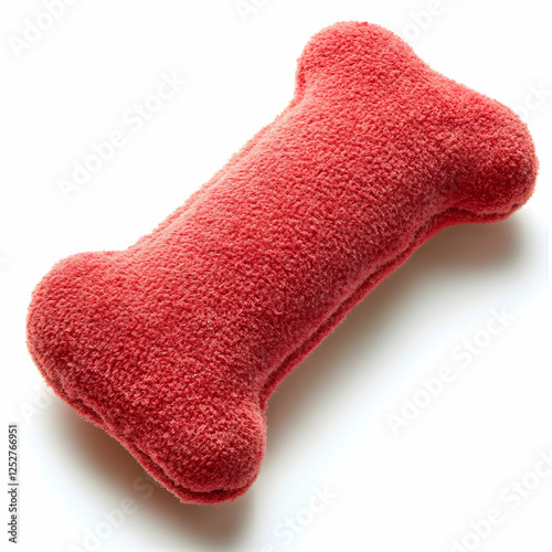 Red plush dog bone toy on white. Pet play