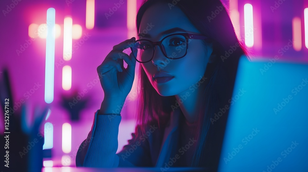 Fototapeta premium Young woman with glasses in colorful neon lights setting