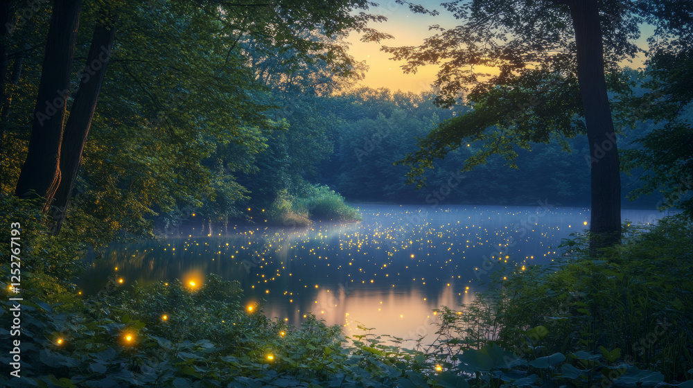 Fototapeta premium Night forest landscape with lake or swamp in moonlight with glowing fireflies. Fantasy woods landscape in cartoon vector illustration. Magic trees and bushes on banks of pond or river in woodland.
