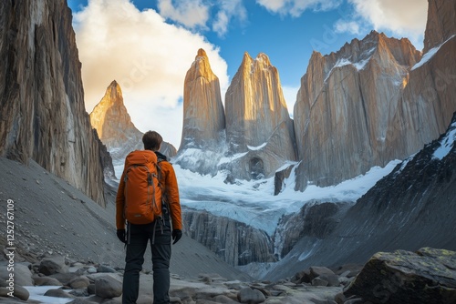 Hiker admiring majestic granite peaks during sunset in Torres del Paine Natio...