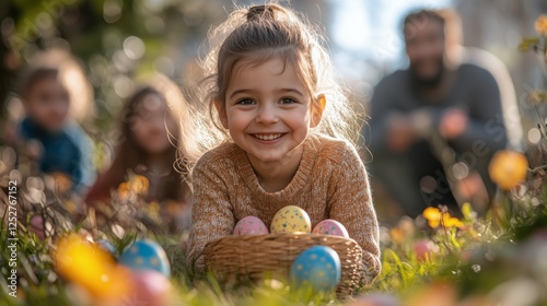 Happy child collects colorful eggs during an outdoor Easter egg hunt in the g...