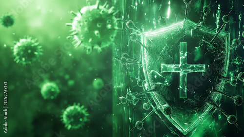 Virus protection banner with shield, cross and bacteria on green background. Vector realistic illustration of piked cells attacking immune safety bubble, medical poster template, vaccination concept