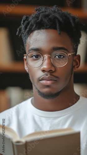 Young man reading a book in a library during the afternoon