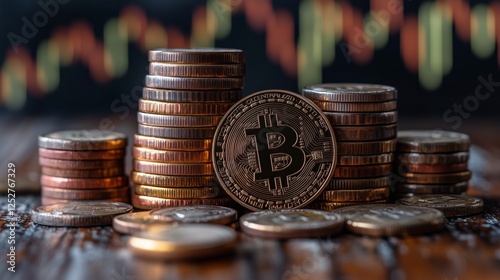 Stacked coins with a bitcoin symbol reflecting current cryptocurrency market ...