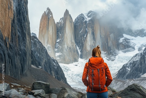 Adventurer gazes at towering peaks in Torres del Paine National Park in Chile