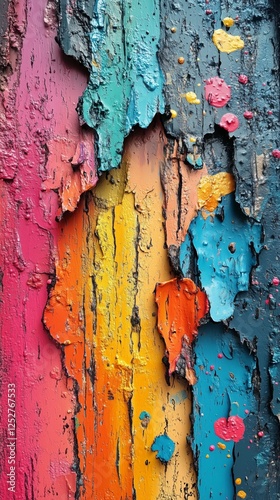 Colorful peeling paint creates artistic texture on a weathered surface in day...