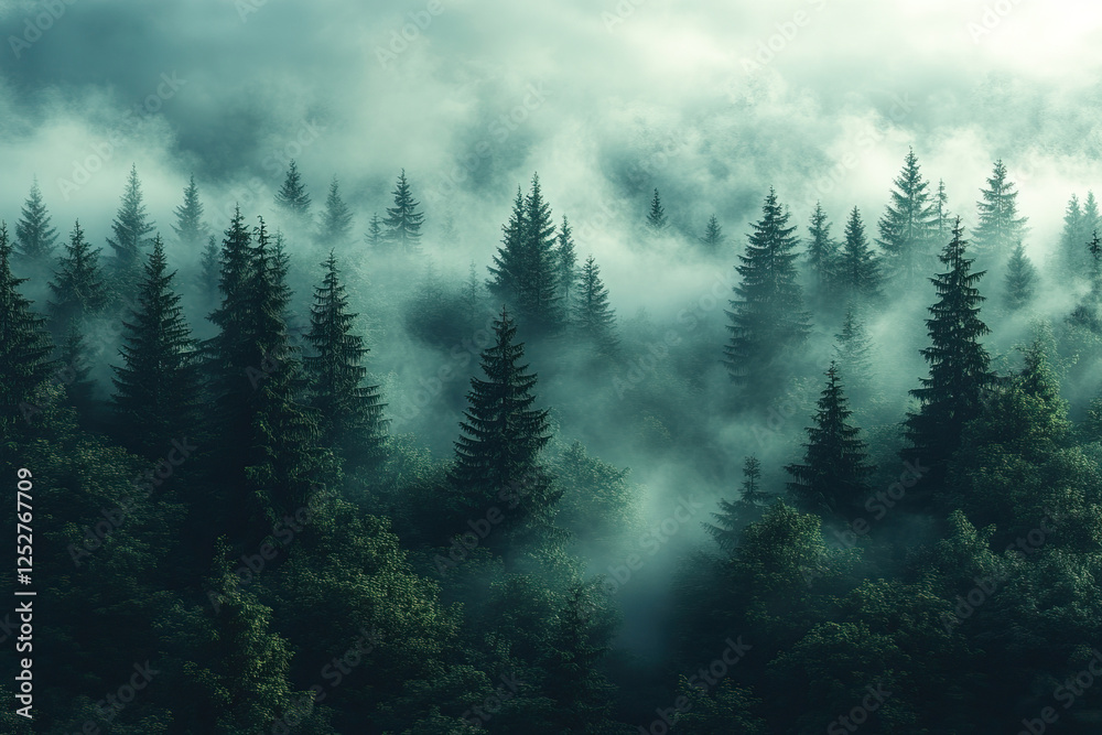 Misty pine forest landscape with dense fog and lush greenery