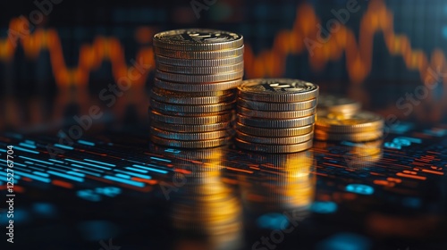 Financial growth represented by stacked coins on a digital trading chart in a...