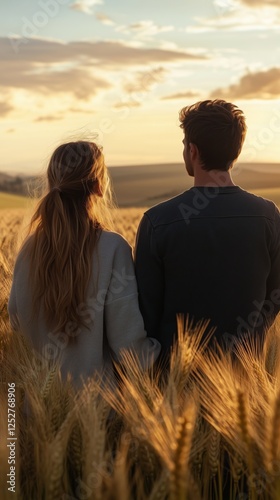 Couple enjoying a sunset together in a field of golden wheat on a warm evening