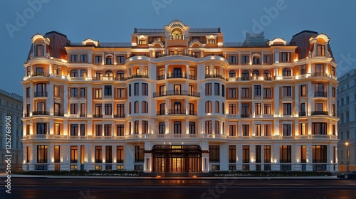 Historic building illuminated at dusk in a vibrant urban setting