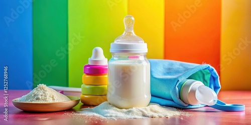 Baby Formula Feeding Bottle, Diaper, and Powder on Colorful Background - Stock Photo