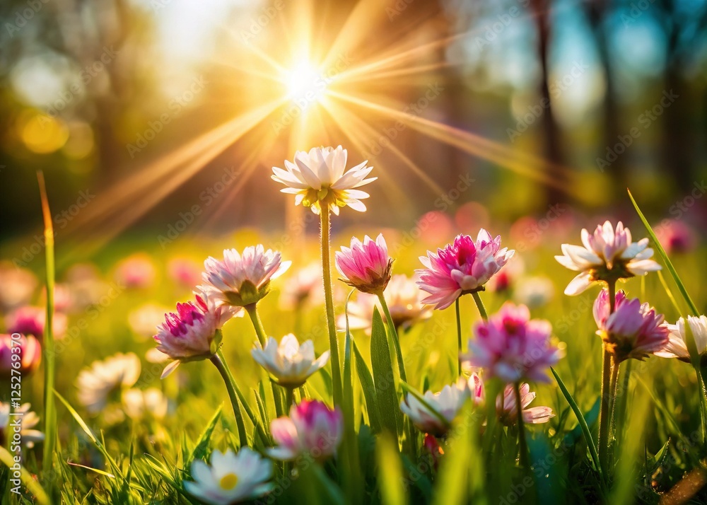 Dawn Sun Rays Illuminate Delicate Pink & White Wildflowers Macro Dawn Sun Rays Illuminate Delicate Pink & White Wildflowers Macro