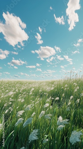 Expansive green field under a bright blue sky with fluffy clouds during a sun...