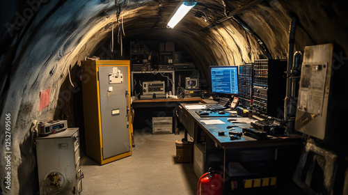 Underground bunker laboratory interior cartoon set. Isolated equipment of secret shelter with door, extinguisher, locker, screen and command control center object. Military base with radio on desk