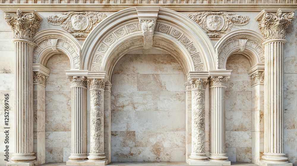 Ancient roman arch made of white clay with decorative ornate. Realistic 3d vector illustration set of greek stone pillar of temple building door or window decor. Antique classic architecture archway. Ancient roman arch made of white clay with decorative ornate. Realistic 3d vector illustration set of greek stone pillar of temple building door or window decor. Antique classic architecture archway.