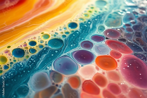 Vibrant abstract painting with bubbles and swirls in bright colors
