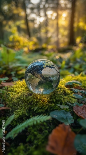 Glass globe resting on moss in a serene forest during golden hour