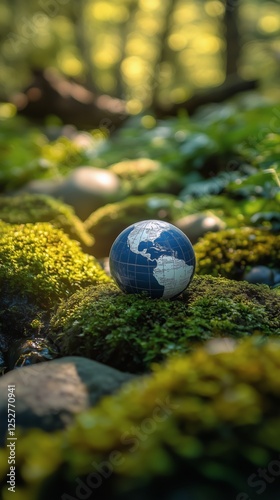 Globe resting on green moss in a sunlit forest setting near a rocky path