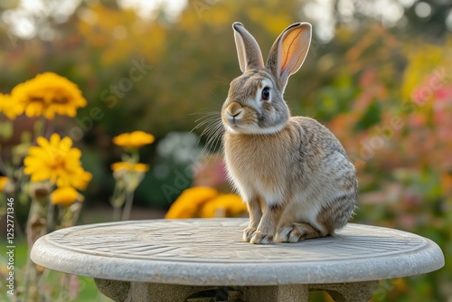 Rabbit sitting on stone table surrounded by blooming flowers in a colorful ga...