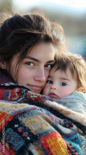 Mother and child embrace warmly under a cozy blanket during a chilly afternoo...