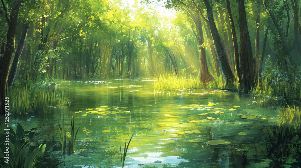 Swamp in forest vector game landscape background. Green fantasy lake water with reed scene. Wild nature fairytale environment for adventure scene with sunlight beam in summer concept with nobody. Swamp in forest vector game landscape background. Green fantasy lake water with reed scene. Wild nature fairytale environment for adventure scene with sunlight beam in summer concept with nobody.