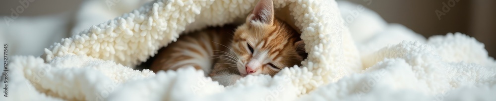Obraz premium British Shorthair kitten curls up in cozy white blanket, british shorthair, kitten