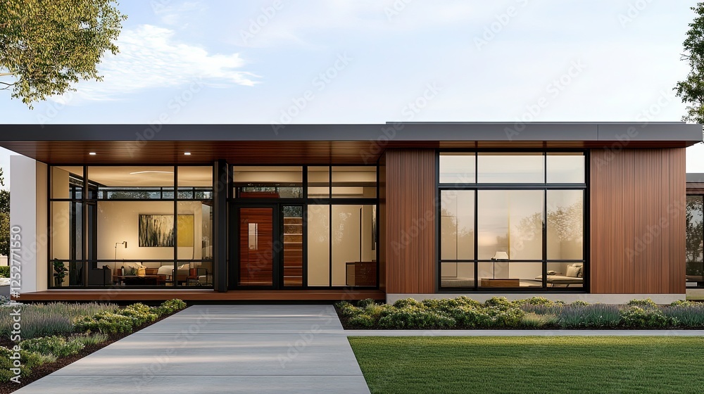A modern, stylish house featuring large glass windows and wooden accents, set in a landscaped environment.