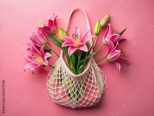 Pink Lily Bouquet in String Bag on Pink Background - Spring Flowers Flat Lay