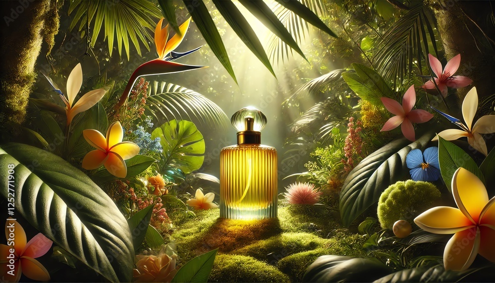 Fototapeta premium A luxurious scene featuring a yellow glass perfume bottle surrounded by a lush, tropical jungle environment