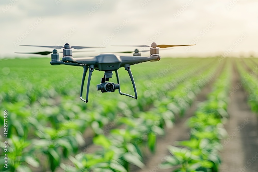 A drone hovers above a green field, illustrating modern agriculture technology enhancing crop monitoring and management. A drone hovers above a green field, illustrating modern agriculture technology enhancing crop monitoring and management.