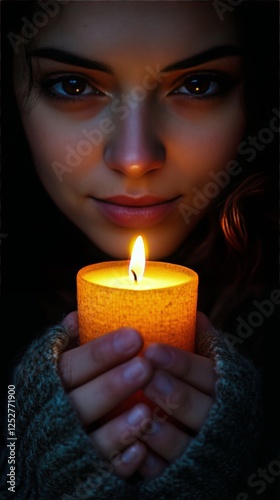 Woman holding a candle, illuminated in a dark setting, creating a warm and se...
